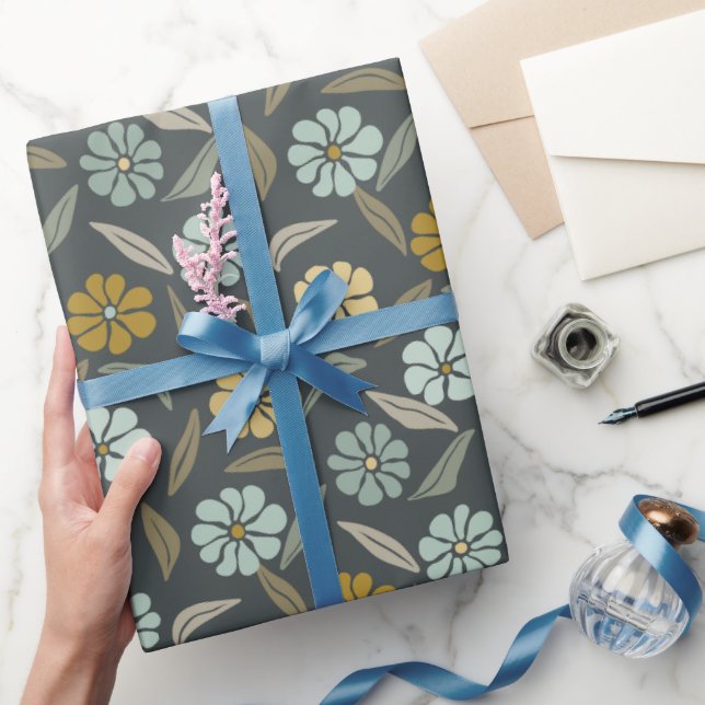 Papel De Presente Flor Azul e Amarela Retro (Presentear)