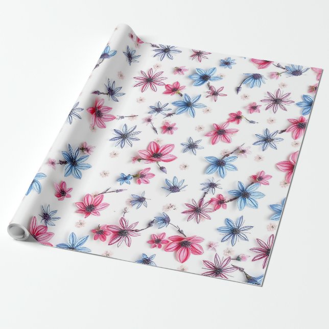 Papel De Presente flor azul rosa (Desenrolado)