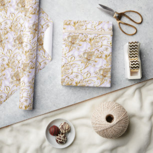 Papel De Presente Flor branca borda dourada casamento aniversário de