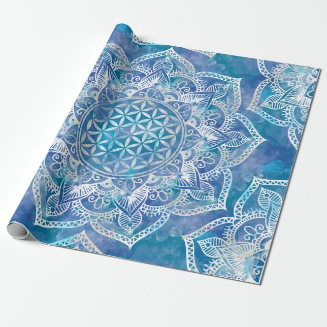 Papel De Presente Flor da Vida em Lotus - Azul-Cria (Desenrolado)