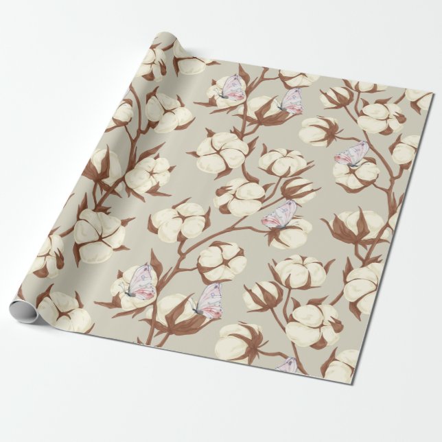 Papel De Presente Flor de Algodão e Borboletas Botânicas  (Desenrolado)