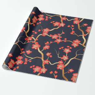 Papel De Presente Flor de Ameixa Carmesim Dourado Bronze Naval Flora
