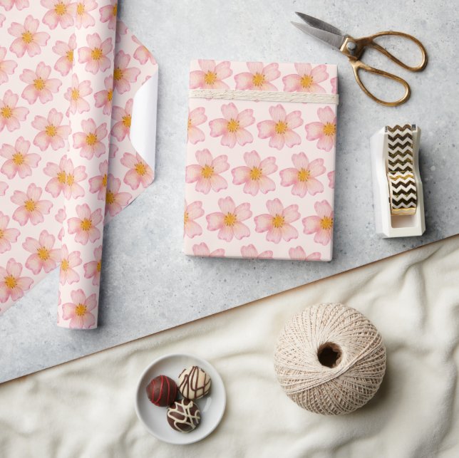 Papel De Presente Flor de aquarela rosa suave e pêssego (Artesanato)