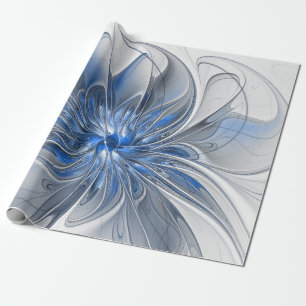 Papel De Presente Flor de Arte Fractal em Aquarela Azul Cinza Abstra