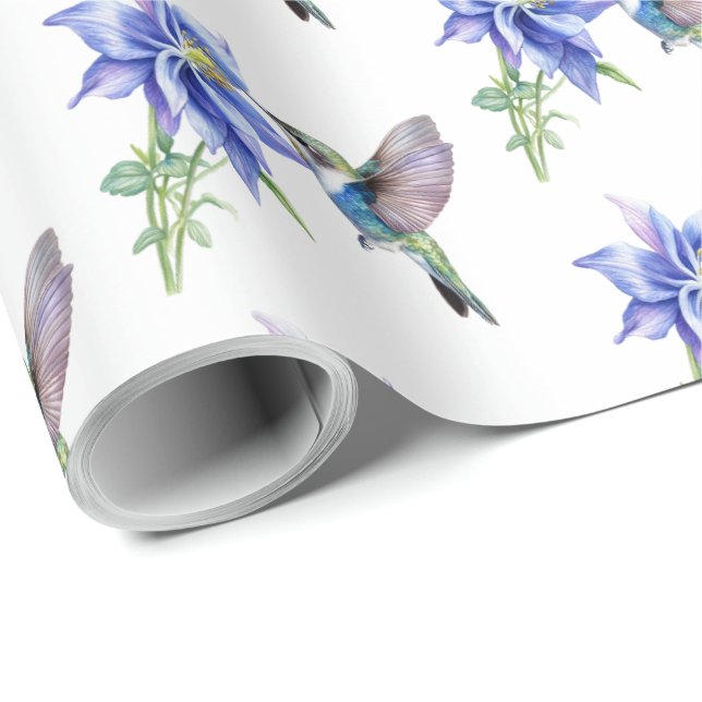 Papel De Presente Flor de Beija-Flor Azul  (Ponta do rolo)