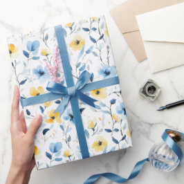 Papel De Presente Flor de Campo Aquarela Azul Amarelo 