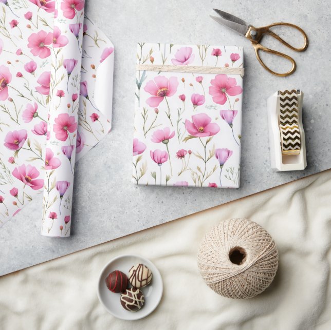 Papel De Presente Flor de Campo em Aquarela Rosa (Artesanato)