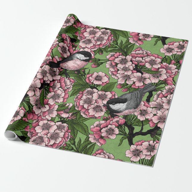 Papel De Presente Flor de cereja e galinhas em verde (Desenrolado)