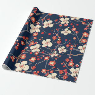 Papel De Presente Flor de Cerejeira Japonesa Vermelho Marinho