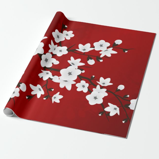 Papel De Presente Flor de Cerejeira Vermelha e Branca (Desenrolado)