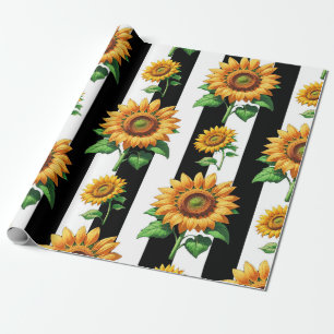 Papel De Presente Flor de girassol Black Stripes brancas