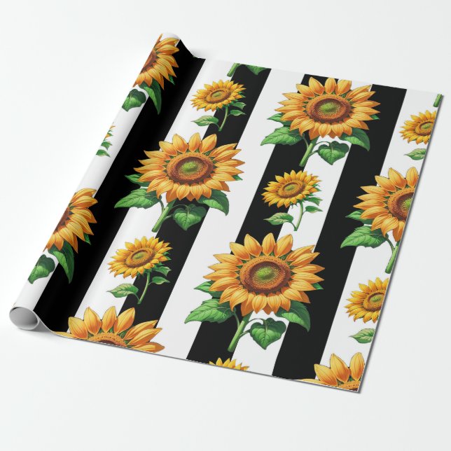 Papel De Presente Flor de girassol Black Stripes brancas (Desenrolado)