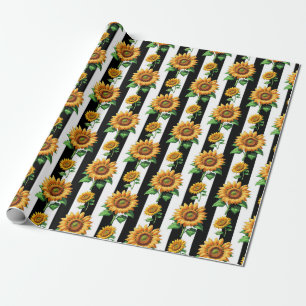 Papel De Presente Flor de girassol Black Stripes brancas