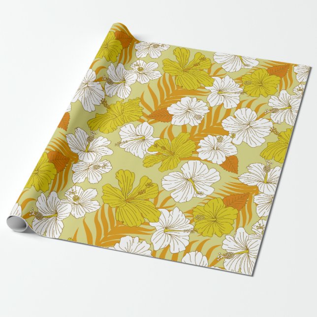 Papel De Presente Flor de Hibisco Amarelo Havaiano Tropical (Desenrolado)