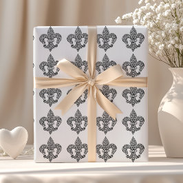 Papel De Presente Flor de Lis de Renda Preto e Branco Vintage