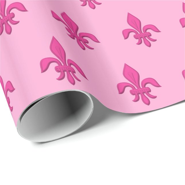 Papel De Presente Flor de Lis em Rosa Fúcsia sobre Rosa Claro (Ponta do rolo)