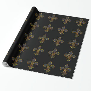 Papel De Presente Flor de lis preta e Dourado