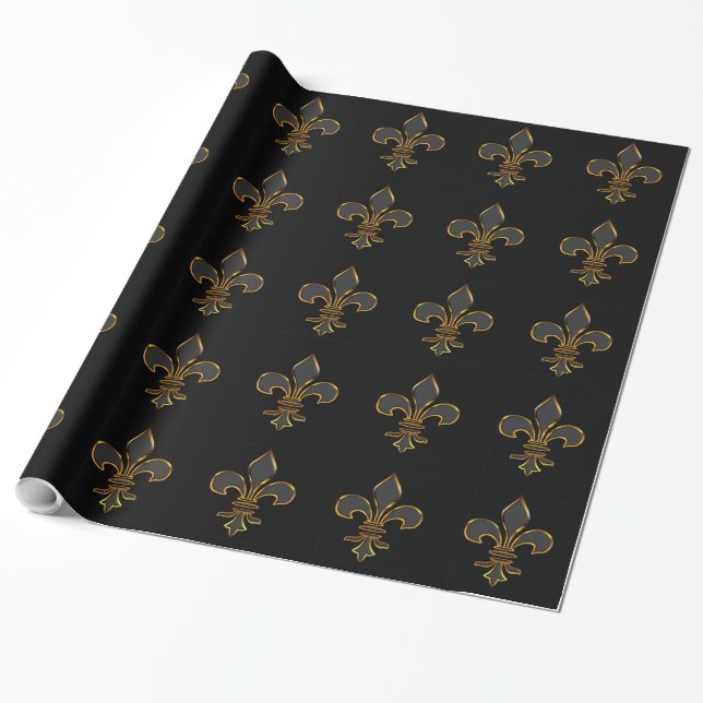 Papel De Presente Flor de lis preta e Dourado (Desenrolado)