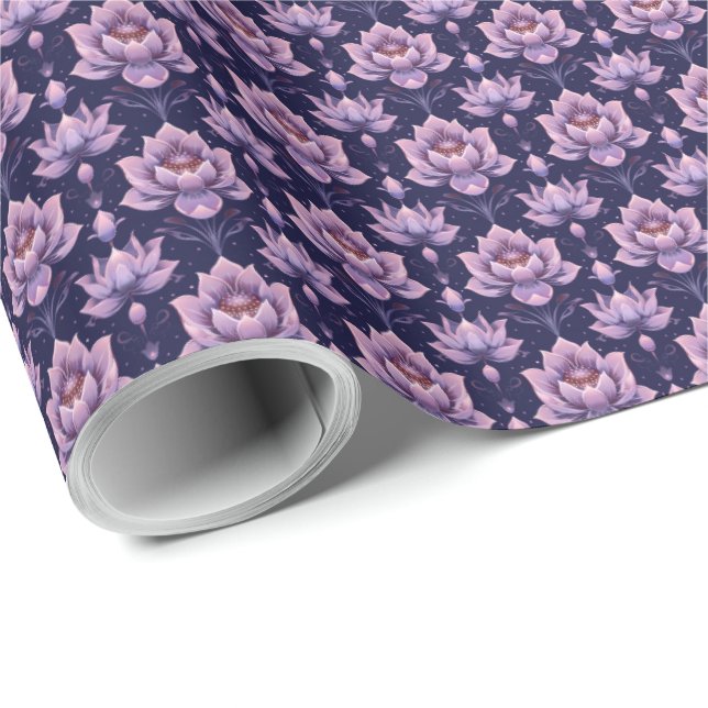 Papel De Presente Flor de Lótus Rosa Roxa Aniversário Floral (Ponta do rolo)