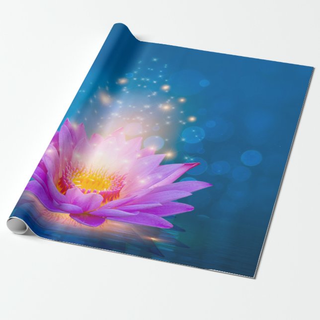 Papel De Presente Flor de Lótus Roxa Branca Zen Azul (Desenrolado)