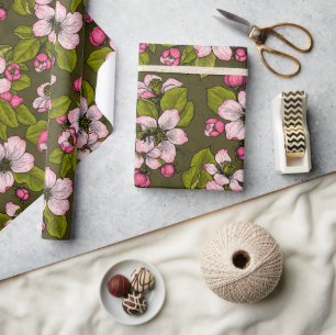 Papel De Presente Flor de maçã em verde-escuro
