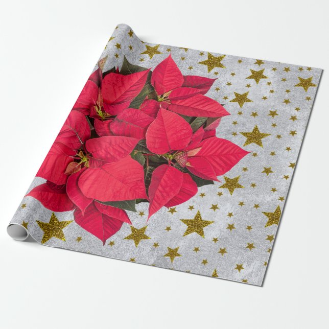 Papel De Presente Flor de Natal grande, estrelas douradas em prata (Desenrolado)