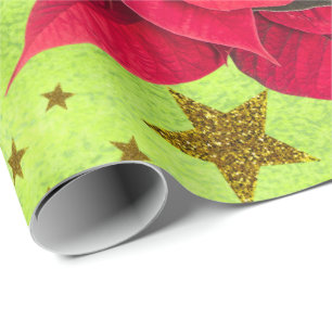 Papel De Presente Flor de Natal vermelha, estrelas douradas em verde