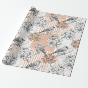Papel De Presente Flor de Pássaro Vintage Toile Listra (5)