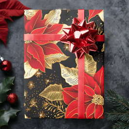 Papel De Presente Flor de Poinsettia em Preto Folha Dourado | Natal