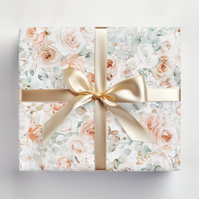 Papel De Presente Flor de Rosa em Aquarela Folhas de Eucalipto Flora (In situ)