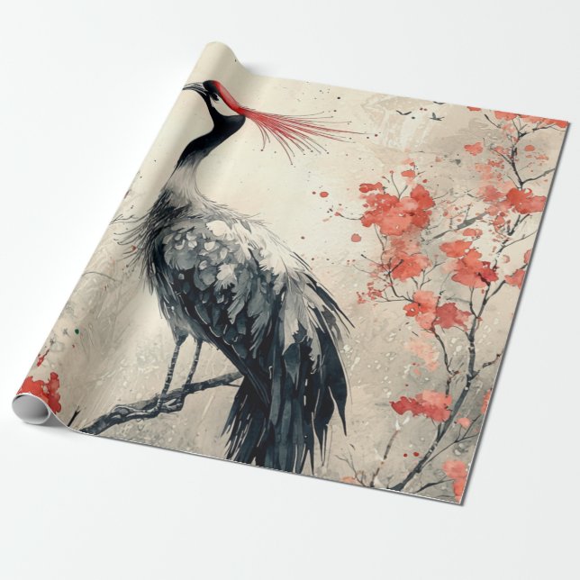 Papel De Presente Flor de Tinta de Grou Carmesim (1) (Desenrolado)