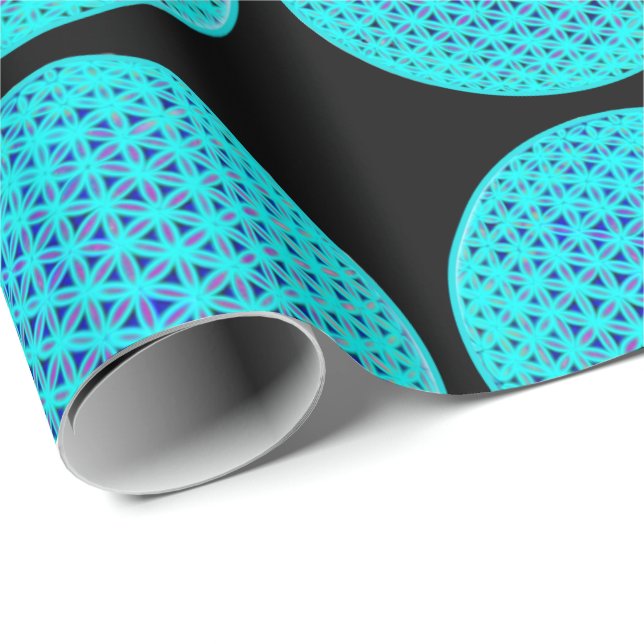 Papel De Presente Flor de vida azul neon elegante (Ponta do rolo)