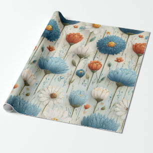 Papel De Presente Flor Floral Laranja Azul Selvagem