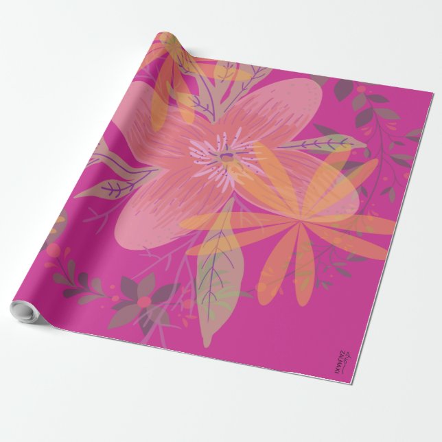 Papel De Presente Flor Folha de Fuchsia, Dourada (Desenrolado)