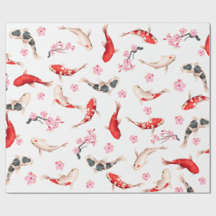 Papel De Presente FLOR Japonês E COI PEIXE branco e vermelho