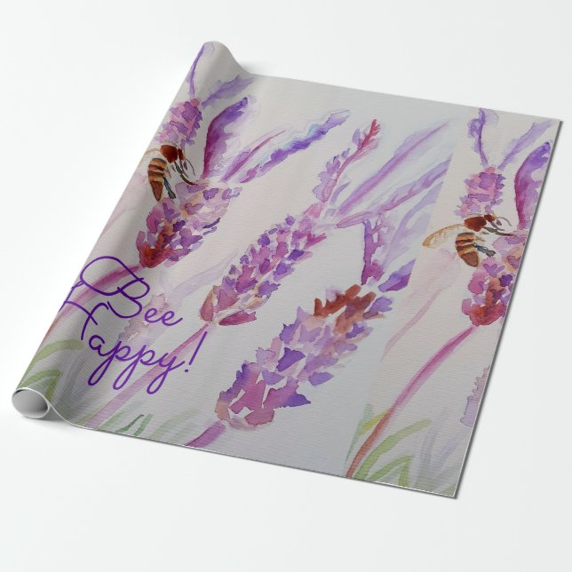Papel De Presente Flor Lavanda Feliz Abelha Herbário Flor de Aquarel (Desenrolado)