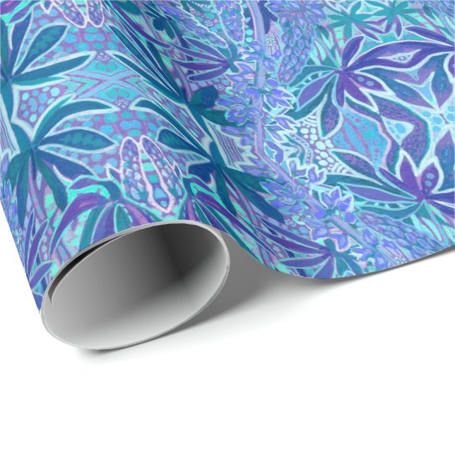 Papel De Presente Flor Lupine Bohemian Boho Arabesque Padrão Azul (Ponta do rolo)