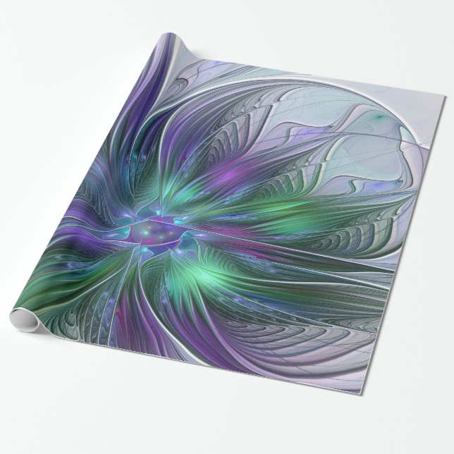Papel De Presente Flor Moderna Abstrata Fractal Verde Roxo (Desenrolado)