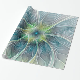 Papel De Presente Flor moderna do Fractal do verde azul da fantasia