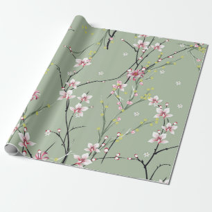 Papel De Presente flor pequena vermelha e amarela em fundo verde