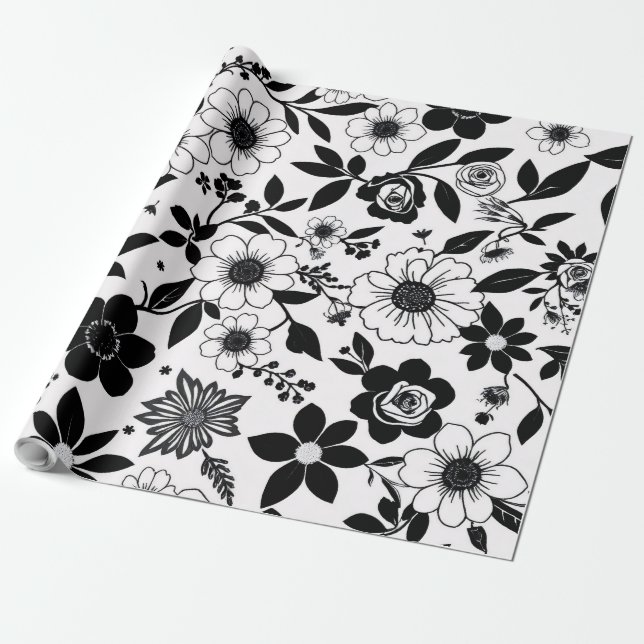 Papel De Presente Flor Preta e Branca (Desenrolado)