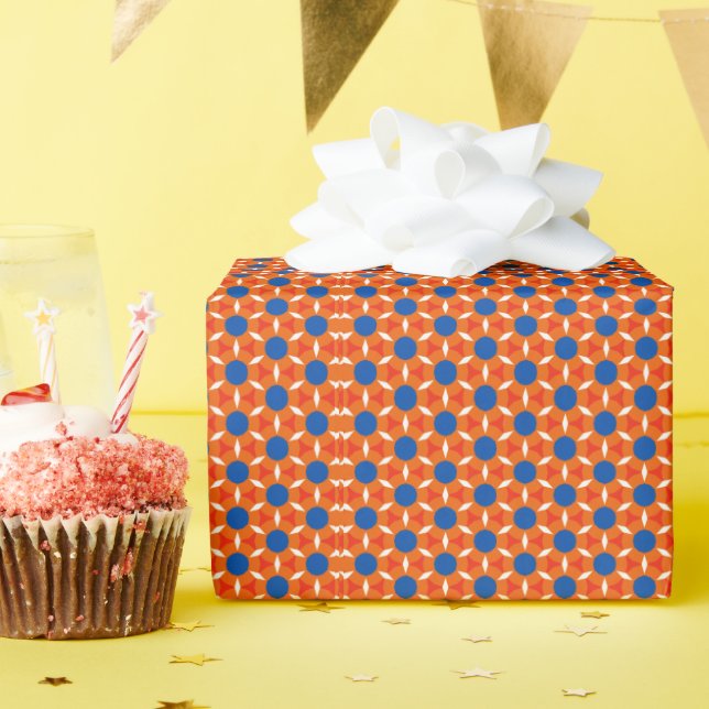 Papel De Presente Flor Retro-Estrelado Laranja Azul (Festa de aniversário)
