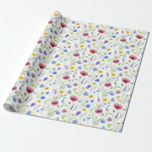 Papel De Presente Flor Silvestre Aquarela Azul Vermelho