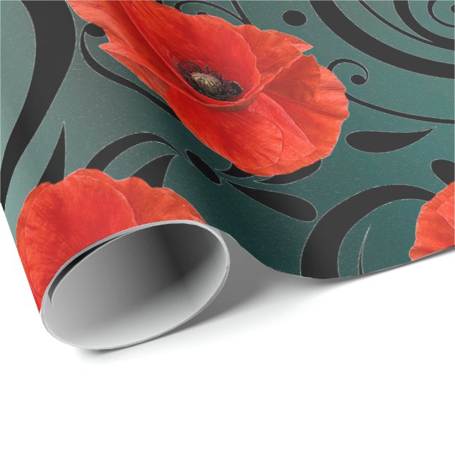 Papel De Presente Flor Vermelho Picado Vidro Negro Gama Gama Grelha  (Ponta do rolo)