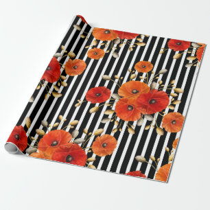 Papel De Presente Flor Vermelho Pópia Negra Glam Stripes Glam VIP