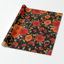 Papel De Presente Flor Vermelho Poppy Glam Preto Confetti Dourado