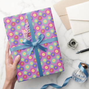 Papel De Presente Florais Coloridos e Retrô em Roxo Rosa Verde