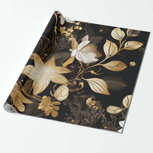 Papel De Presente Florais da meia-noite: Preto e Dourado Glamor (Desenrolado)