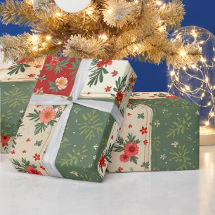 Papel De Presente Florais de Natal Vermelhos e Verdes Modernos e Cap