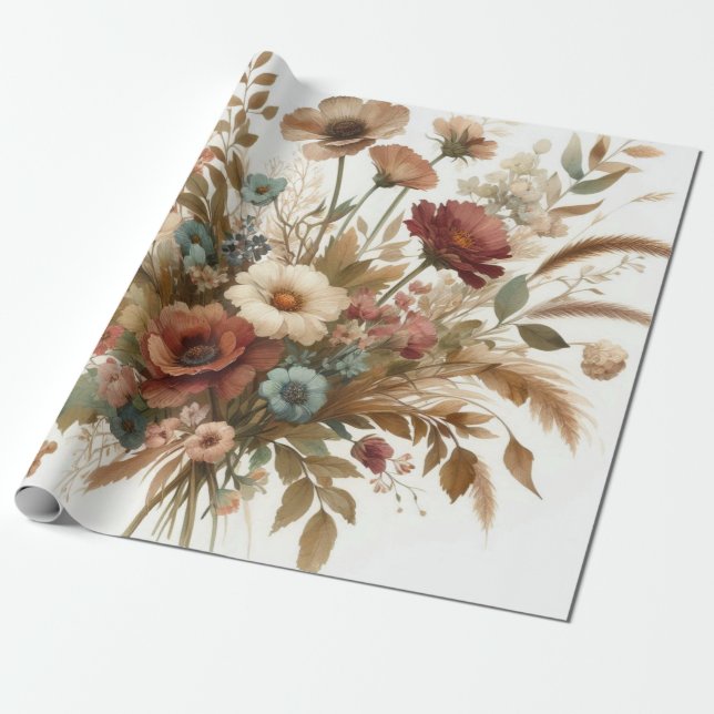 Papel De Presente Florais De Outono Elegante De Aquarelas Botânicas (Desenrolado)